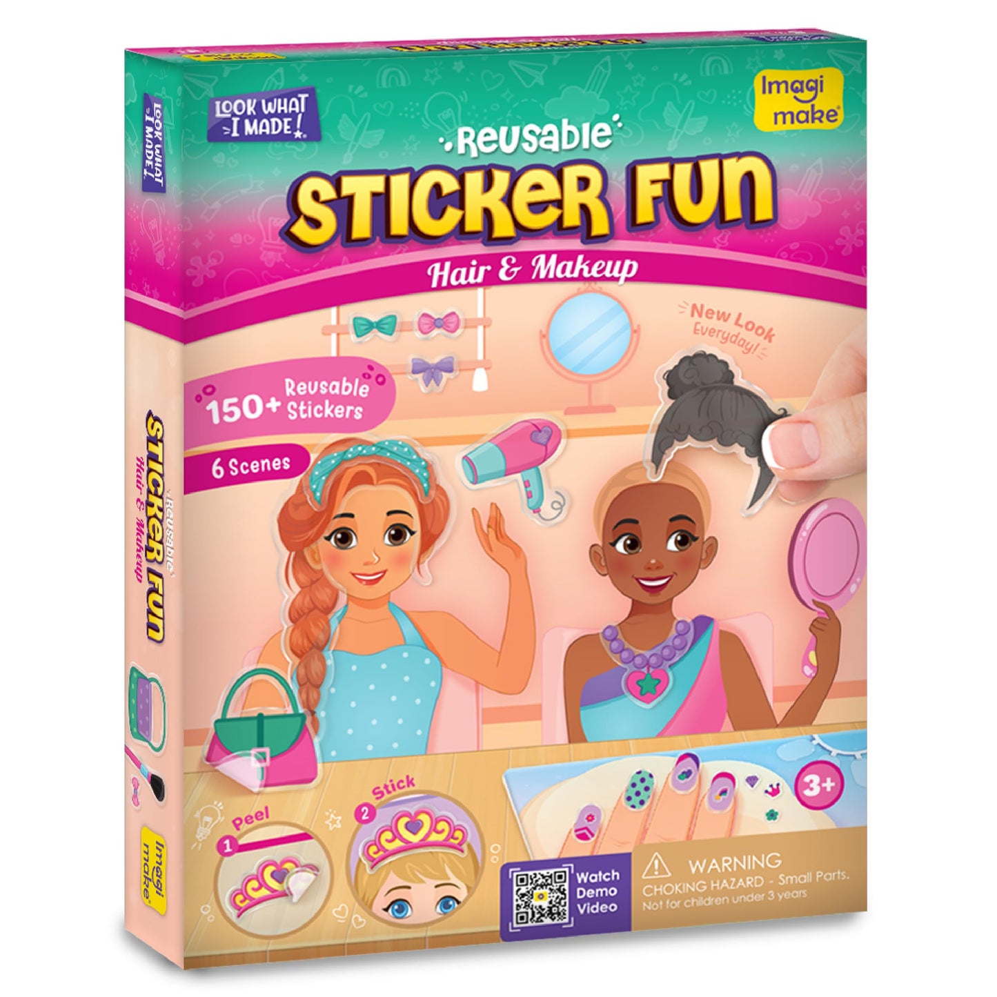 Imagimake Reusable Sticker Fun – Hair & Makeup Kit |Reusable Glam Stickers for Kids | 6 Styling Scene Boards | Pretend Play | Kids Games 3-5 | Toddler Girl Toys | 3,4,5,6,7 Year Old Girl Birthday Gift