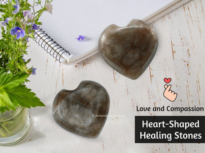 Amazing Gemstone Chrysoberyl Cats Eye Crystal Heart Palm Stone - Pocket Massage Worry Stone for Natural Body Chakra Balancing, Reiki Healing and Crystal Grid