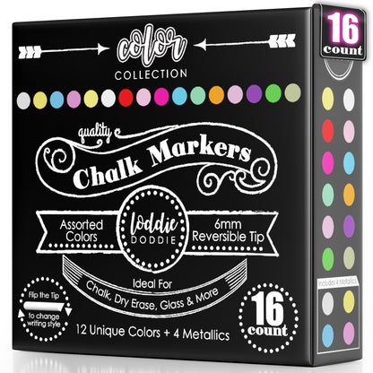 Loddie Doddie Chalk Markers - Pack of 16, Reversible 6mm Tips - Vibrant Chalkboard Designs with Chalkboard Markers - Easy Erase on Glass & Whiteboards with Dry Erase Pen