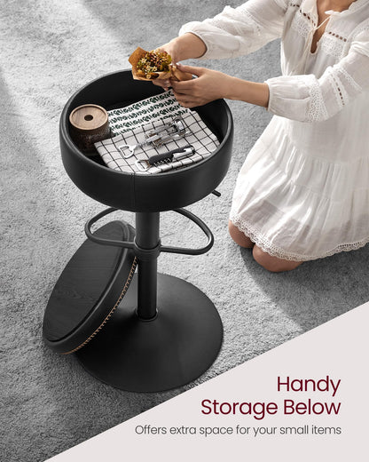 VASAGLE EKHO Collection - 360° Swivel Bar Stool, Height Adjustable Barstool with Storage, Synthetic Leather with Stitching, Mid-Century Modern, Kitchen Bar, Easy Assembly, Ink Black