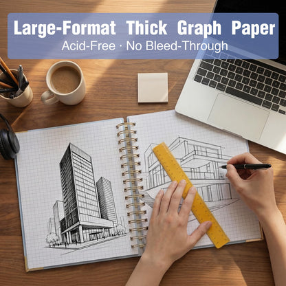 Graph Paper Notebook, 8.5” x 11” Graphing Notebook, 300 Pages, Large Hardcover Grid Notebook Journal, Graph Paper Spiral Notebook with Thick Paper, Pockets for School and Office Supplies, Purple