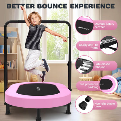 ANCHEER Trampoline, Mini Trampoline with Adjustable Handle - Indoor/Outdoor Rebounder for Kids & Toddlers, 56'' Safe Oval Fitness Trampoline with Bar for Home Fun
