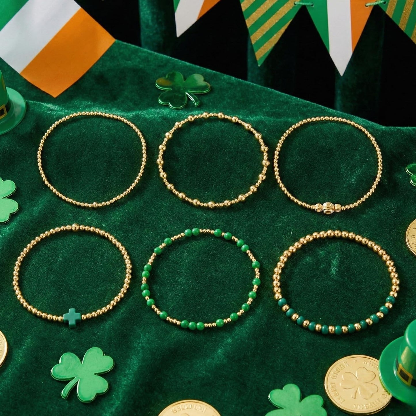 St. Patrick's Day Bracelets for Women,Gold Green Cross Beaded Bracelet Stack,Handmade Green Beads Stretch Stackable Bracelets Set Fashion Festival Party Saint Patricks Day Accessories Outfits Jewelry Gifts