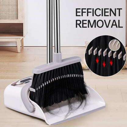 OPTTIDI Broom with Dustpan Combo Set, Hand Broom and Dustpan Set for Sweeping Indoor Angle Broom for Home Office Kitchen Lobby Floor Pet Hair Indoor&Outdoor Cleaning (White&Gray)
