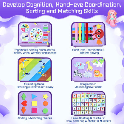 Esjay Toddler Busy Board Montessori Toys for Girls, Sensory Book Educational Activities Learning Fine Motor Skills, Birthday Gifts for Girls Toddlers, Travel Toys for Airplane Car, Purple Merpeople