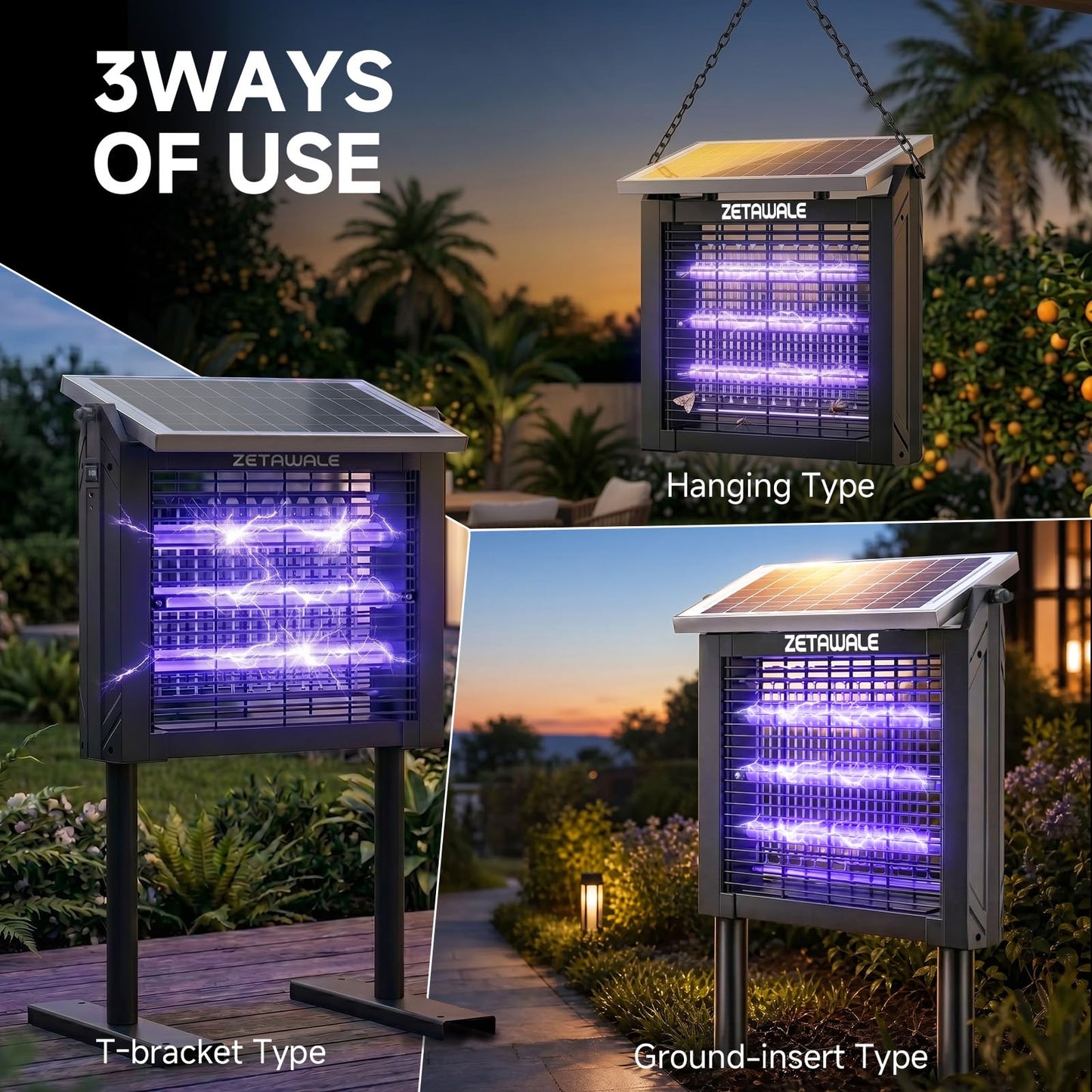 ZETAWALE Solar Bug Zapper Outdoor Mosquitos Zapper Solar Powered Bug Zapper Outdoor Camping Fly Control for 2000 sq.ft Waterproof Fly Killer Solar Mosquito Zapper for Garden Lawn and Back Yard (10W)