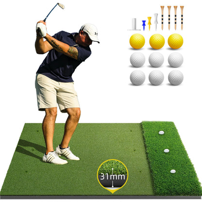 Bltend Dual-Turf Golf Mat: 5x4ft 31MM Thickened Heavy-Duty Golf Hitting Mats Practice Outdoor/Indoor, Artificial Turf Training Matt with 9 Balls, 8 Tees for Driving, Chipping, Swing