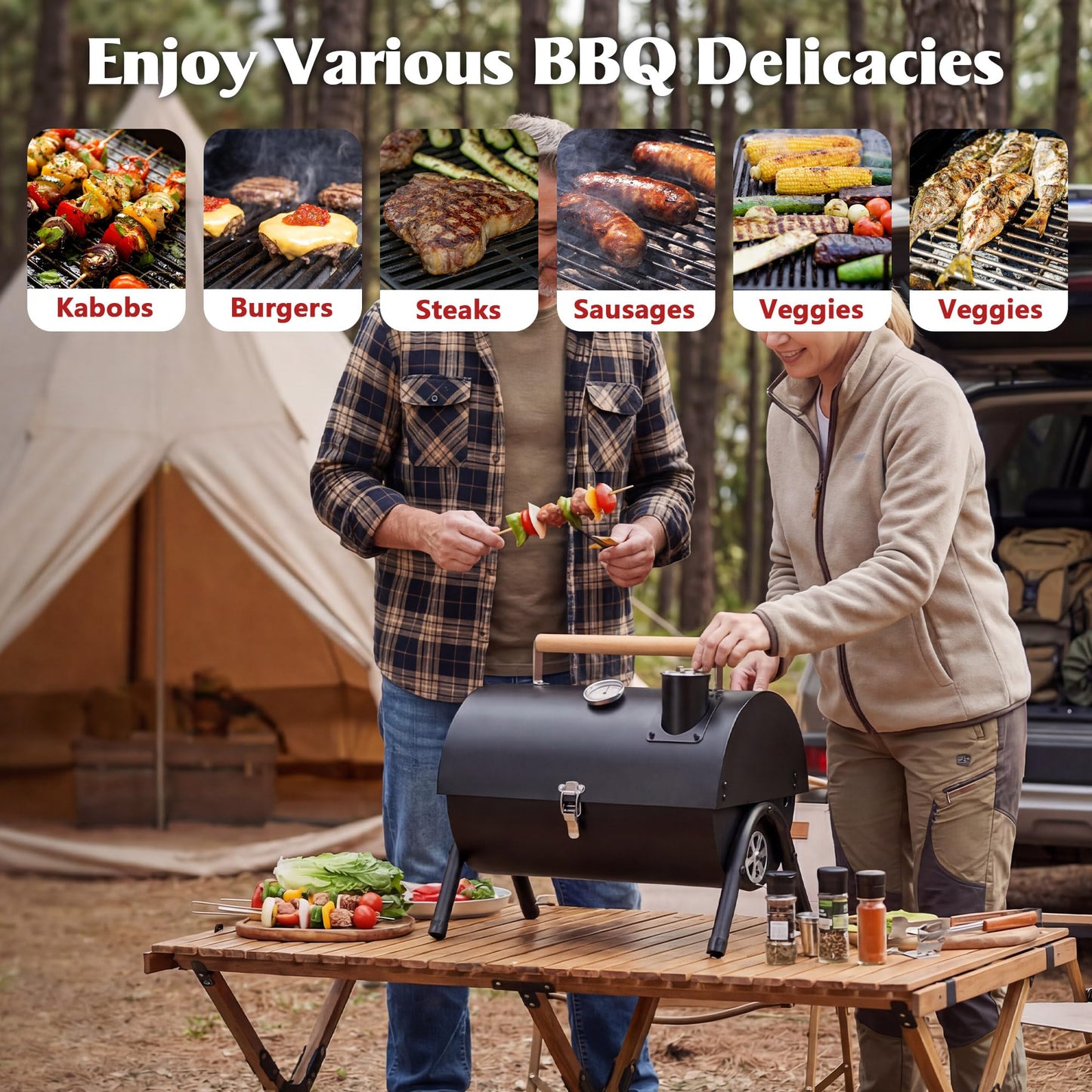 Portable Charcoal Grill with Thermometer, HaSteeL Small Tabletop Barbecue Grill Smoker for Outdoor Camping Backyard Beach BBQ, 117 Square Inches Cooking Area, Thick Steel, Screwdriver, Black