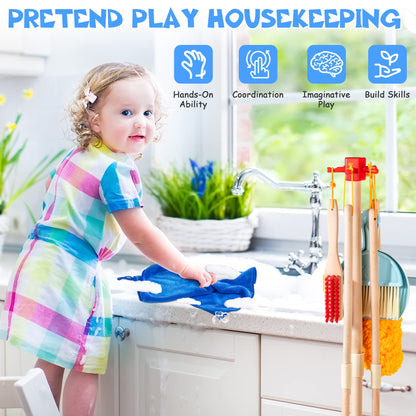 Wooden Kids Cleaning Set for Toddlers,8 Pieces Montessori Cleaning Toys with Kids Broom and Mop Set, Housework Pretend Play Toy Gift for Boys Girls Ages 3+
