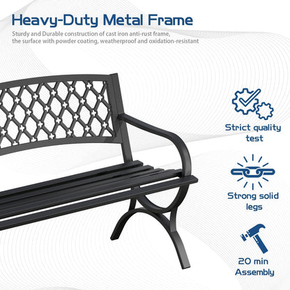 Maemttes Outdoor Bench Garden Benchs, Weatherproof Anti-Rust Heavy-Duty Outside Bench Clearance, Wrought Iron Metal Bench for Front Porch, Patio, Park, Ergonomic Backrest, Slatted Seat