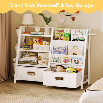 Homeiju Kids Bookshelf and Toy Storage Organizer, 3 Tier Kids Bookcase, Sling Bookshelf and 2 Toy Bins with Toy Storage Organizer for Children Room, Playroom, Nursery, White