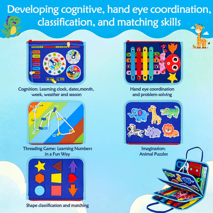 GiggleCraft Montessori Busy Board for Toddlers – Sensory Busy Book with Buckles, Zippers, Letters, Animals, Toddler Activities – Fine Motor Skills Development Learning for Boys Girls Travel Activity