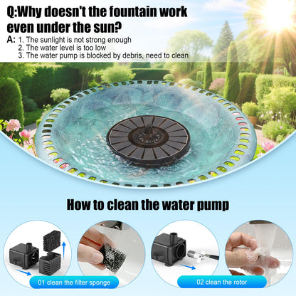 SZMP Solar Fountain Work On Cloudy Day,Solar Water Bird Bath Fountain with Faster Conversion Glass Solar Panel and Power Indicator,Built-in 2000mAh Battery,Outdoor Garden Decor(Black Panel)