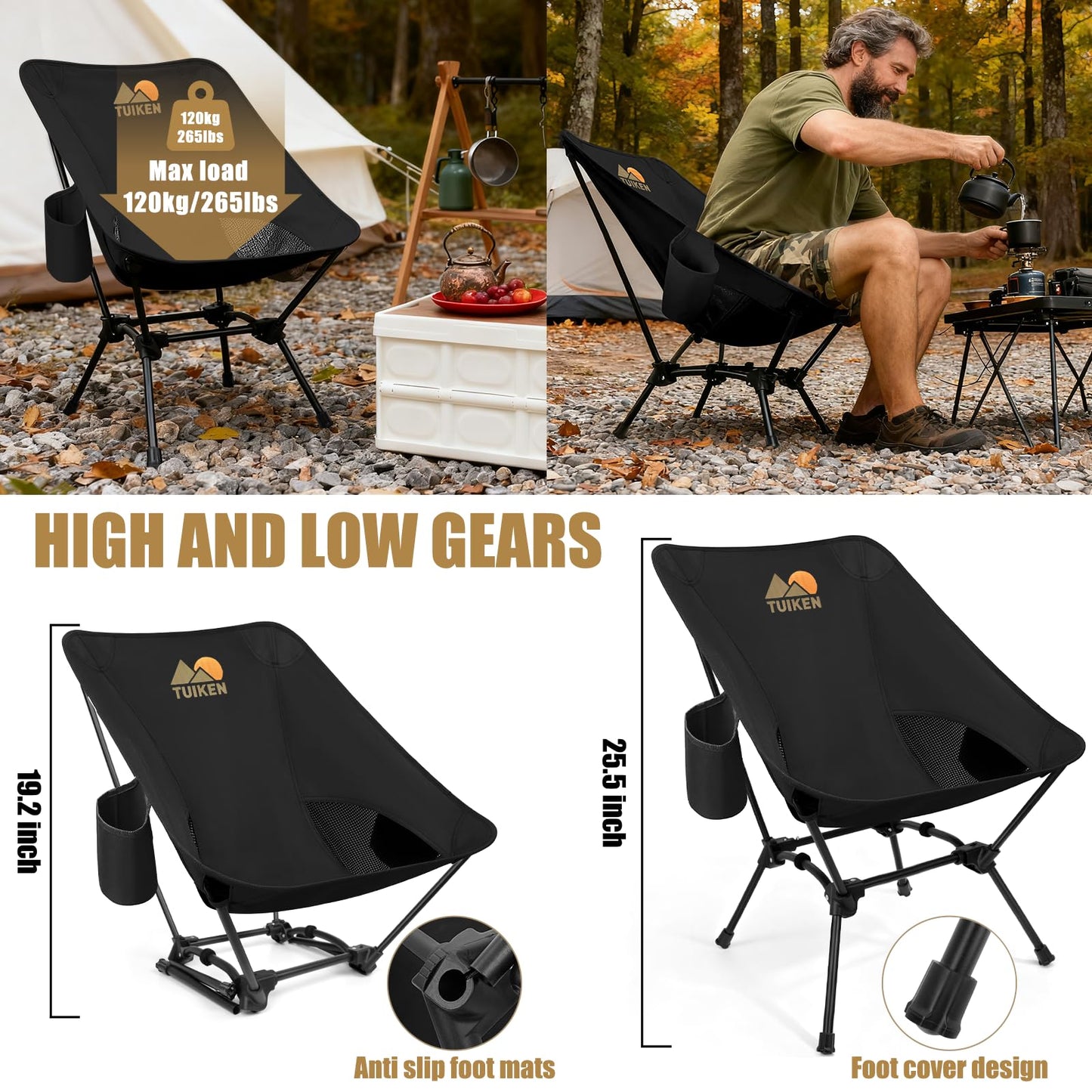 TUIKEN Ultralight Camping Chair Backpacking Chair, Portable Camp Chair with Cup Holder & Storage Bag, Lightweight Compact Folding Chair for Hiking, Travel, Picnic Mountaineering（Deep Black）