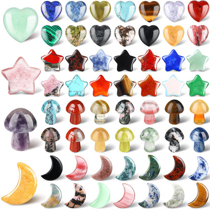 Nuenen 60 Pieces 20 * 20 * 6 mm Crystal Mushroom Sculpture Heart Shaped Moon Star Crystals Stones Bulks Worry Stones Assorted Hand Making Palm Thumb Gemstones for Witchcraft Meditation Reiki(Simple)