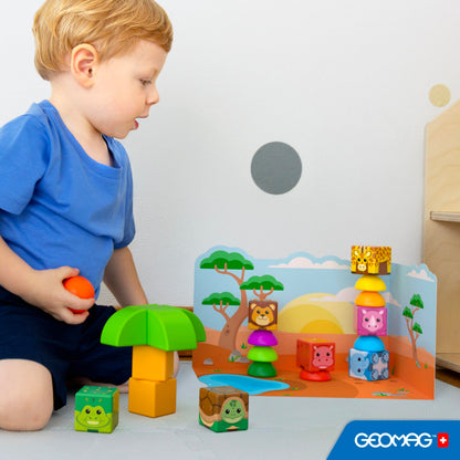 Geomag Magicube Magnetic Blocks, 16 Large Magnetic Cubes Safari Animals STEM Toy, Sensory Toys for Toddlers 1-3, Building Blocks for Kids, Fun Toddler Toys 1-2 yrs