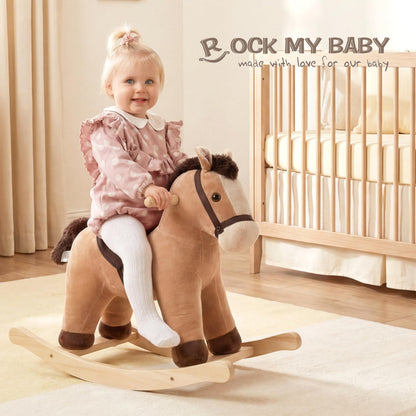 Rock My Baby Rocking Horse, Rocking Animal with Realistic Sound, Stuffed Rocker for Toddlers 18M+, Soft Filling Ride on Pony, Light Brown Horse, CPC Certified