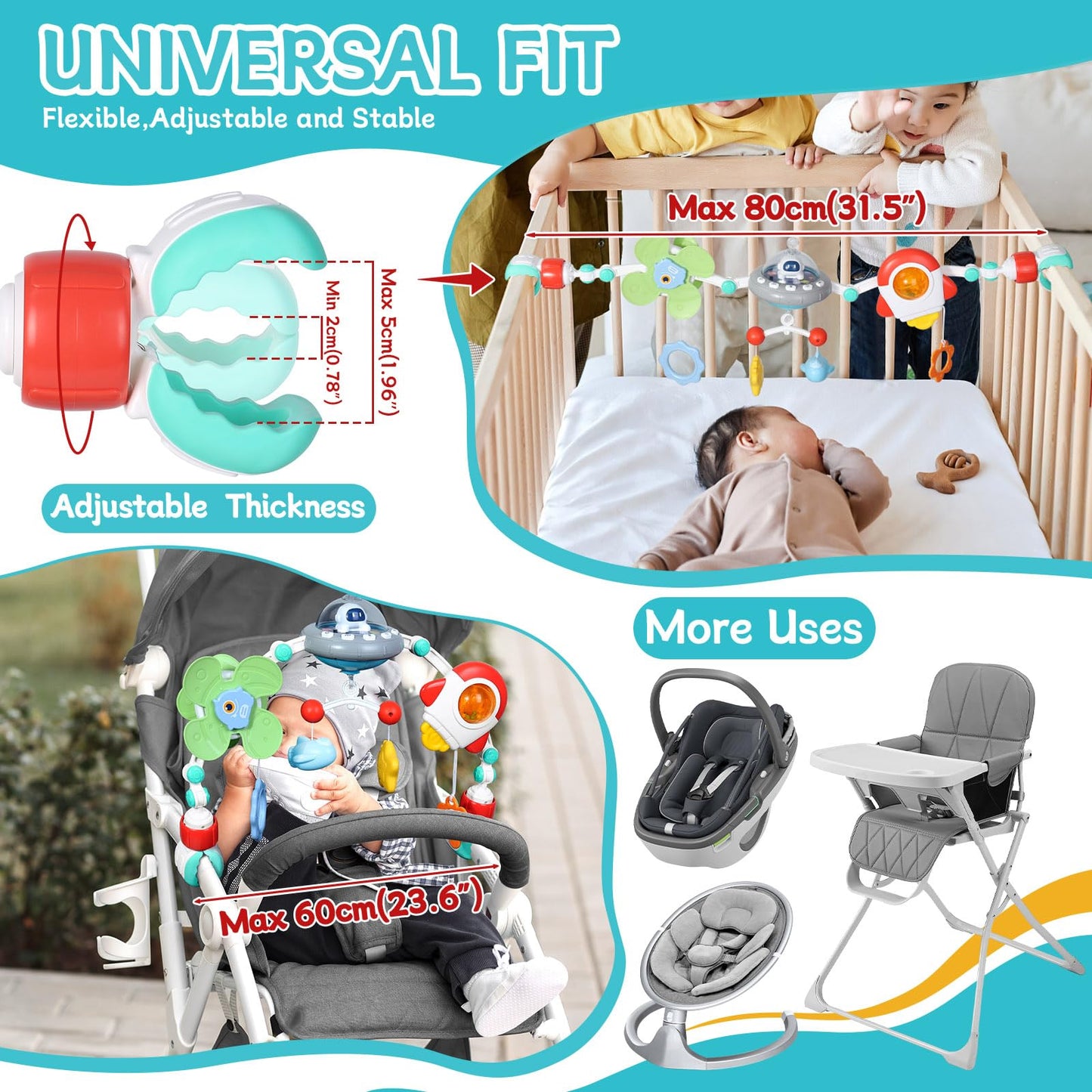 Orzbow Stroller Arch Toy for Baby, Musical Carseat Toys Hanging with Teething, Baby Mobile for Crib Bassinet Car Seat and Bouncer, Car Seat Activity Toy for Babies 0-12 Months