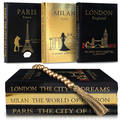 SIMPLIFY ASTHETIC - Decorative Books Set of 3 with Golden Garland Bead - Decorative Books for Coffee Table, Home Decor - Designer Books Decor Set - Faux Books for Bookshelf