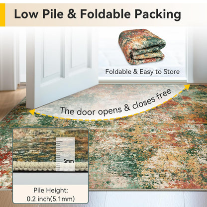 RELEANY Washable Area Rugs 5'x7' Non-Slip Modern Abstract Soft for Living Room Entryway Bedroom Nursery, Print Pattern, Green Orange Rust Red Cream Colorful