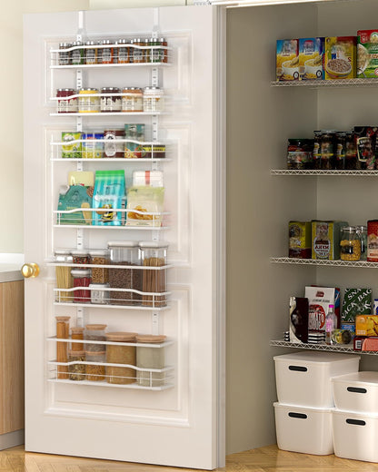 Moforoco White 6-Tier Over Door Pantry Organizer, Pantry Organization Storage, Door Metal Hanging Spice Rack Basket Shelves, Home Kitchen Apartment Essentials, Laundry Room Bathroom Organization
