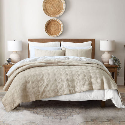 HORIMOTE HOME 100% Cotton Quilt Queen Size Beige Bedspread, Pre-Washed 3-Piece Cozy Lightweight Stitching Decorative Bedding Cover Coverlet Set with 2 Shams in Geometric Pattern for All Season