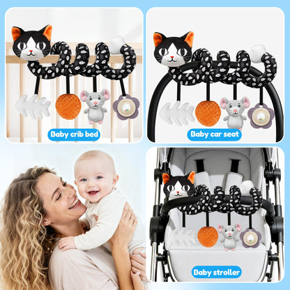 Car Seat Toys for Babies 0-6 Months,Hanging Rattle Toys for Crib Mobile, Baby Spiral Hanging Stroller Black and White High Contrast Toys for Newborn 0 3 6 9 12 Months Baby Boys Girls (Cat)