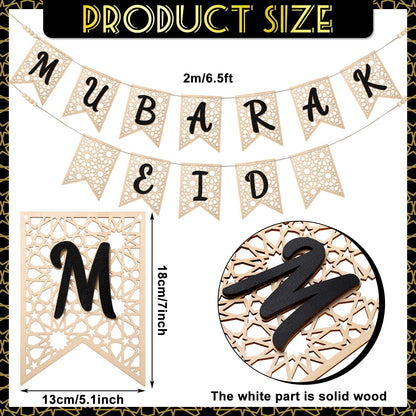 Menkxi 2 Pcs Eid Mubarak Banner Decorations Wooden Ramadan Eid Decoration for Home Rustic Ramadan Mubarak Garland Hanging Supplies for Mantel Fireplace Muslim Home Indoor Outdoor Party(Natural, Black)