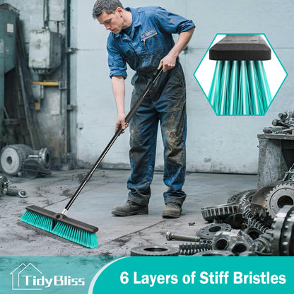 TidyBliss 18” Push Broom Outdoor Heavy Duty 3 Pack, Large Commercial Stiff Bristle Brush with 63 inches Long Handle for Garage Shop Garden Yard Patio Deck Street Warehouse Lawn Driveway (Green)