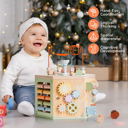 ROBUD Wooden Activity Cube, Montessori Toys for 1+ Year Old, Educational Toy with 13 Functional Areas, Fountain Garden Theme for Baby Boys & Girls