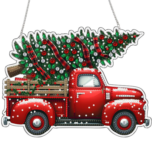 VODAPYC Christmas Diamond Art Hanging Kit for Adults, DIY Double Sided Special Shaped Diamonds Art Window Pendant Ornament for Home Decor(Red Truck)