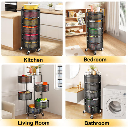 SNTD Fruit and Vegetable Basket Bowls for Kitchen with Metal Top Lid, 5 Tier Rotating Storage Rack Cart for Potato Onion Bread Banana, Wire Basket Organizer on Wheels, Large, Black