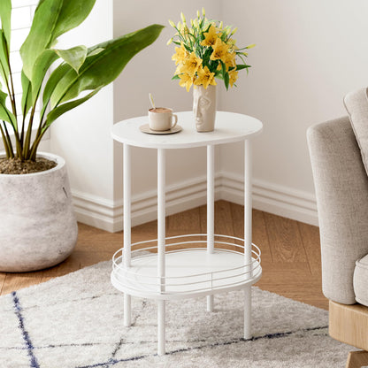 Small Modern Oval Side Table with Storage,2-Tier Side Tables Living Room,Sturdy Nightstand for Small Space - Living Room, Bedroom, Bathroom, Nursery (1PC,White)