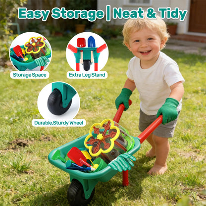 CUTE STONE Kids Gardening Set, Plant Growing Kit with Wheelbarrow, 3 Metal Garden Tools & Kids Grow House with Upgraded Irrigation, Outdoor Indoor STEM Toys for Toddlers 3+