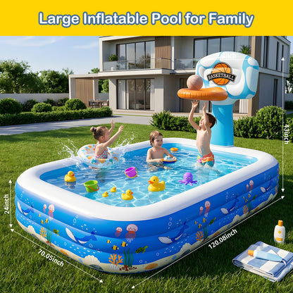 Inflatable Swimming Pool,120" x 72" x 24" Kiddie Pools, Family Lounge Pools Thickened Above Ground Family Pool for Summer Water Party, Backyard, Garden Lawn