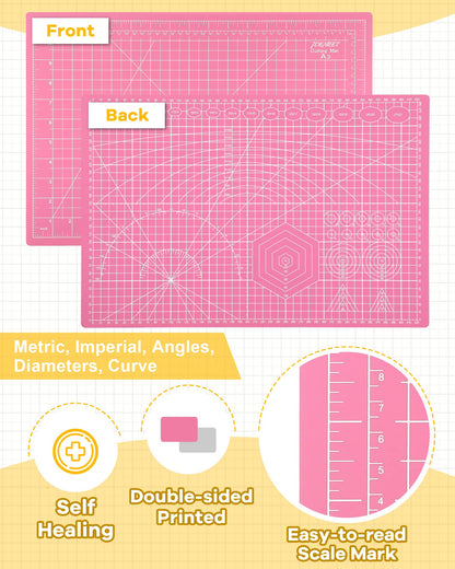 Density-upgraded 18"x12" Self Healing Cutting Mat, Idemeet Rotary Sewing Mat for Crafts, 5-Ply Blade Table Protector Cut Board for Fabric Leather Cutting Quilting Modeling Hobby Project, A3, Pink