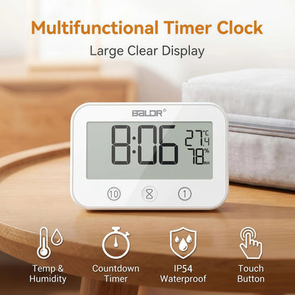 LXSZRPH Digital LCD Waterproof Timer Shower Clock, Waterproof for Water Spray, Bathroom Clock Wall Mount, Two Suction Cup, Displays Time, Temperature, and Indoor Relative Humidity (1, White)