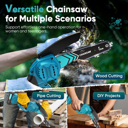 Mini Chainsaw- 6 Inch Electric Mini Chain Saw Cordless Battery Powered One-Hand Tree Trimming Saw, Portable Gardening Gadgets for Men, Unique Birthday Gifts (Blue)