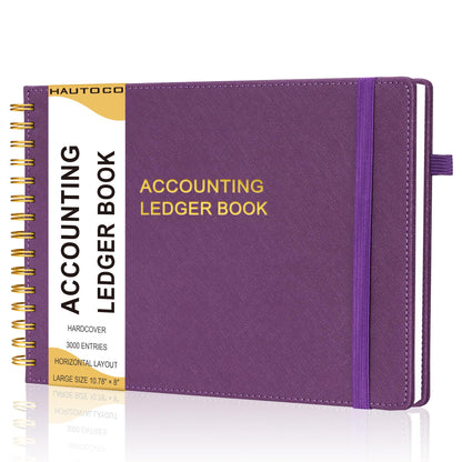 HAUTOCO Hardcover Accounting Ledger Book for Small Business Bookkeeping Horizontal Money Expense Tracker Notebook with 2 Storage Pouch, Personal Columnar Log Journal 10.78 x 8'', Deep Purple