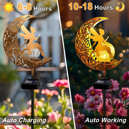 Solar Garden Lights Pathway Stake Lights Waterproof, Gift for Women Mom Grandma Wife Daughter, Moon Fairy Glass Globe with Angel Decor, Outdoor Decor Lights for Walkway, Yard, Lawn, Patio or Courtyard