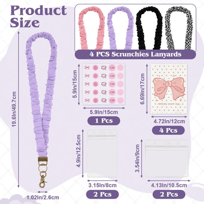 Catcan 4 Pcs Scrunchies Lanyards for ID Card, Badges Holder, Keys and Phone with 4 Pcs Clear Badge Holders, Adjustable Stretchy Lanyard for Teachers, Students, Office Staffs (19.6 Inches)