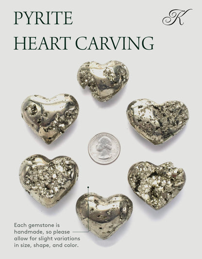 KALIFANO Pyrite Heart Cluster - High Energy Iron Piedra Pirita with Healing Properties (Information Card) Fools Gold Rock Reiki Crystal Carving Used for Increased Willpower and Manifestation