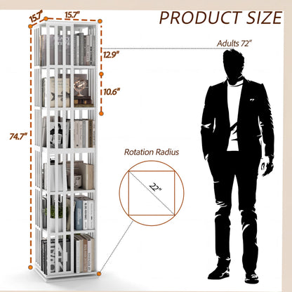 Raykion Rotating Bookshelf Tower, 6 Tier Bamboo Spinning Book Shelf, 360 Revolving Bookcase for Small Space Corner, Large Capacity Swivil Bookshelf for Living Room Bedroom Home Office, White