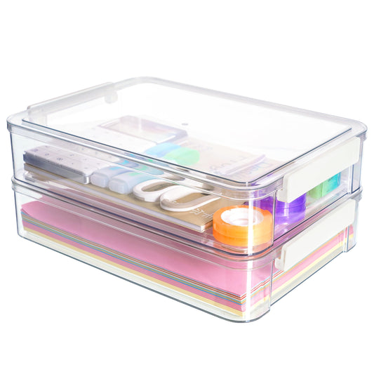 Citylife 2 PCS 6 Qt Plastic Storage Bins with Lids and Latches, Portable Stackable Storage Bins, Clear Plastic File Box for Organizing A4 Paper, Letters, Documents, Art Supplies, and Crafts