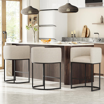 VATROS 26" H Counter Height Bar Stools Set of 2, Modern Barrel Counter Stools with Backrest and Arms, Linen Fabric Upholstered Accent Barstools for Kitchen Island,Support 450 LBS (Beige)