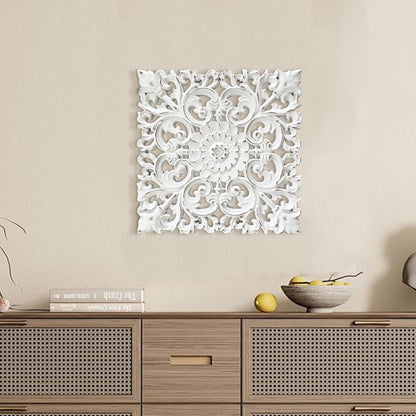 Musanpou Unique Hand Carved Wooden Wall Panels with Hanging Floral Decorations - Rustic Farmhouse Living Room and Bedroom Wall Decoration