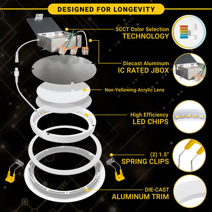NuWatt 12 Pack, 4 Inch Canless Gimbal LED Recessed Lighting, 5CCT 2700K/3000K/3500K/4000K/5000K Selectable, 630 Lumen, Dimmable, Adjustable Eyeball Wafer Lights for Sloped Ceilings, Metal Junction Box