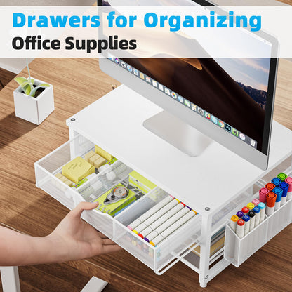 Marbrasse Wood Printer Stand for Desk, 2-Tier Desktop Printer Table for Home Office, Printer Stand with Storage Drawer 2 Pen Holders, Multi-Purpose Desk Organizer for Fax Machine Scanner(Wood White)