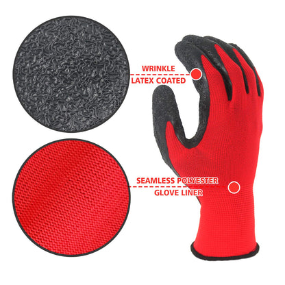 Evridwear Crinkle Latex Rubber Hand Coated Safety Work Gloves for Men Women General Multi Use Construction Warehouse Gardening Assembly Landscaping,Red XX-Large 12 Pairs Pack