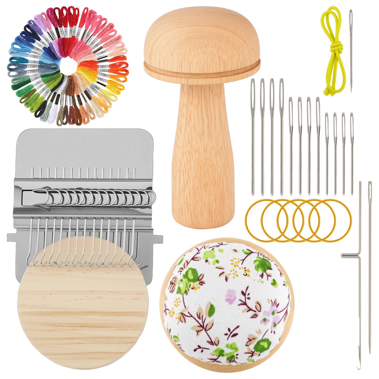 PHOXPH Mini Darning Loom Kit, Mushroom Knit Patch Kit, PatchMaker Mending Tool with 50 Colors Yarn, 14 Hooks, Weaving Loom for Socks, Jeans & Sweaters, Clothes Repair, Fixing Kit for Beginners